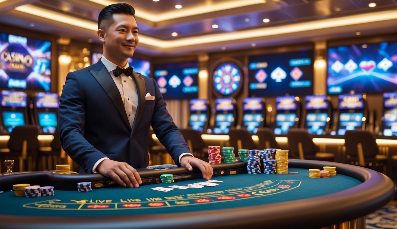 Seorang dealer kasino profesional berdiri di belakang meja kasino dengan kartu dan chip, di latar belakang layar digital menampilkan permainan kasino langsung.