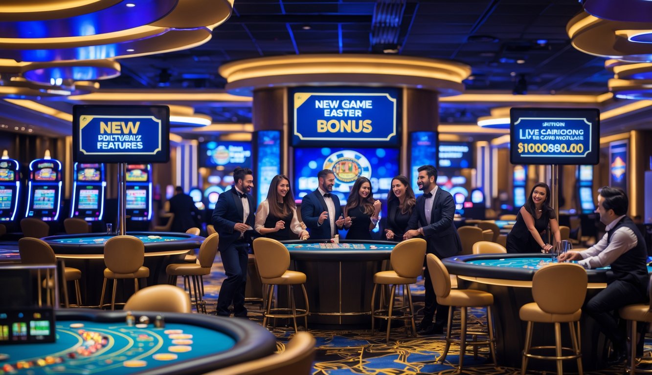 Suasana kasino langsung dengan meja permainan, dealer, dan pemain yang menikmati fitur terbaru serta bonus menarik.