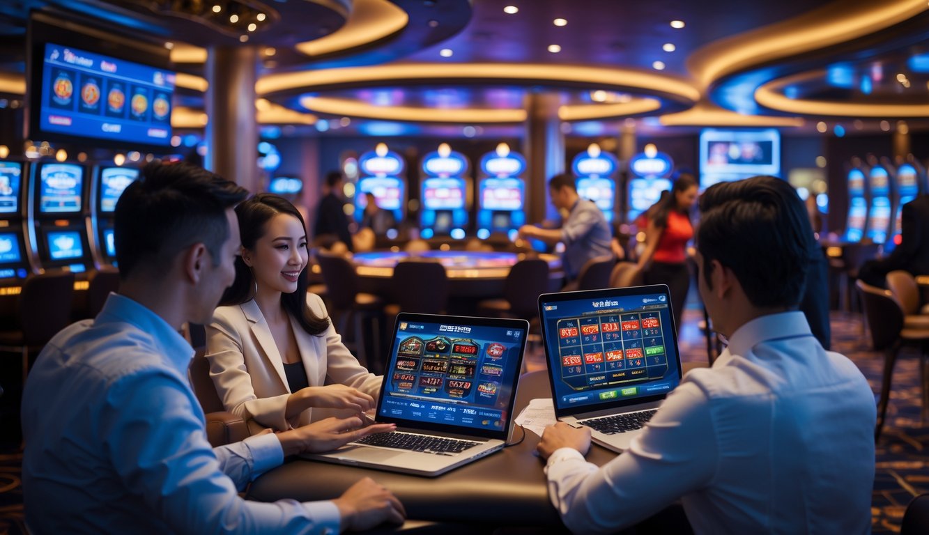 Orang-orang bermain permainan kasino langsung menggunakan perangkat digital di lingkungan kasino modern.