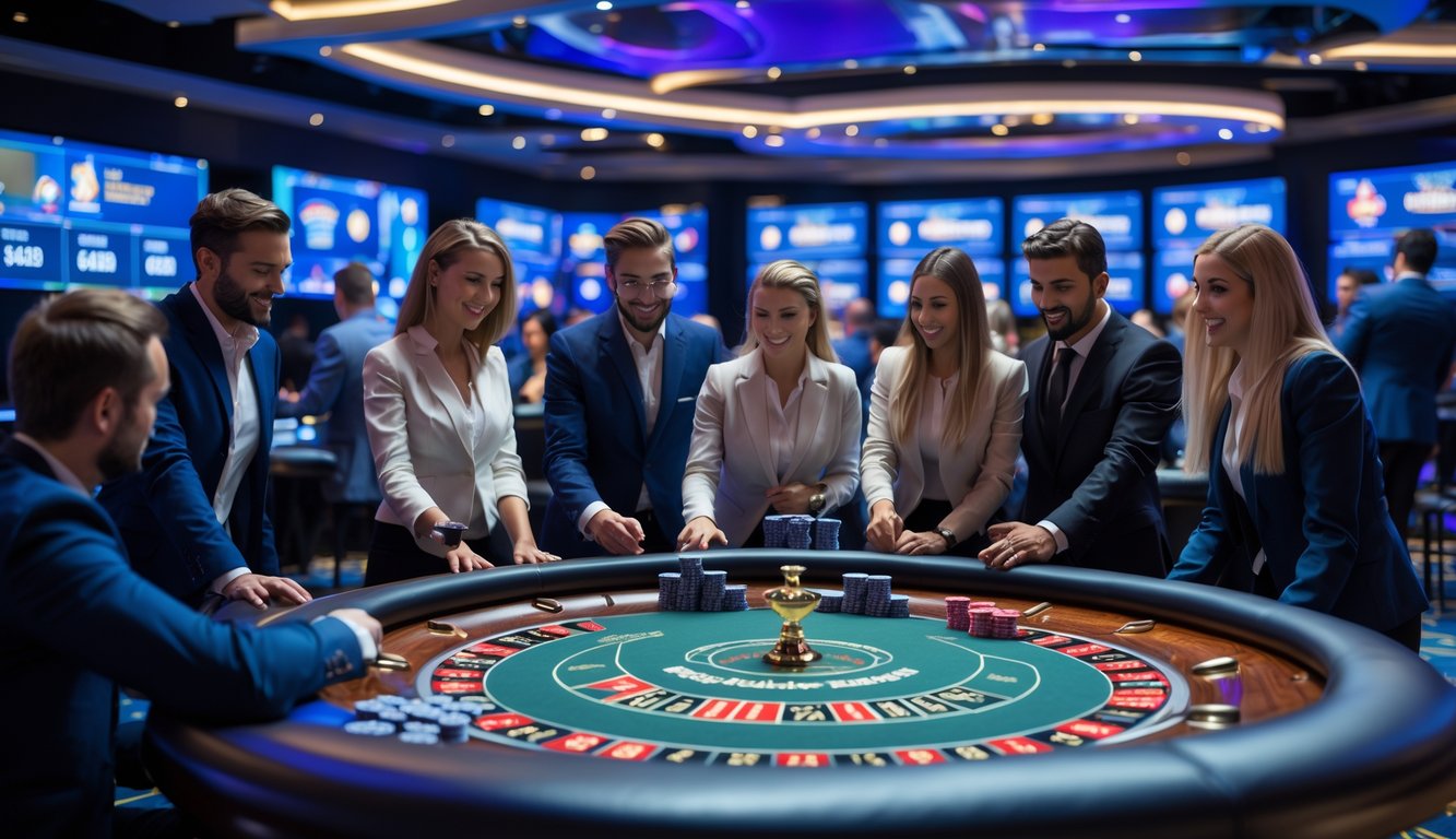 Orang-orang bermain di meja kasino langsung dengan kartu dan chip, suasana profesional dan ramai.