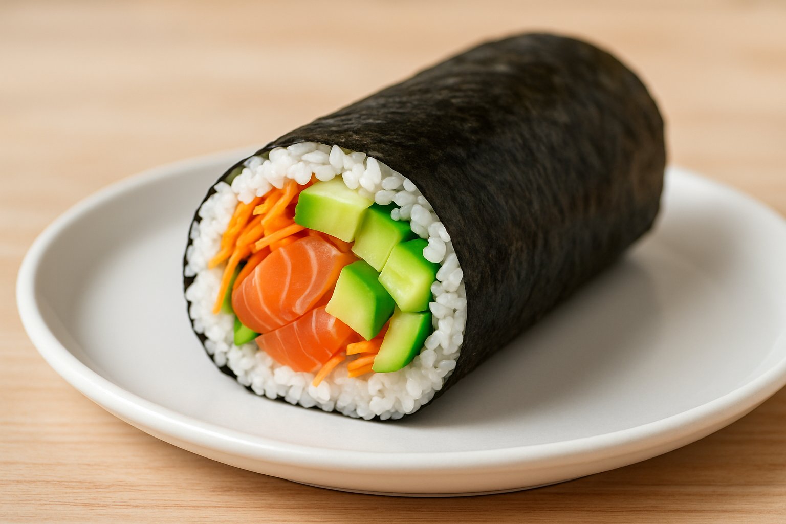 A sushi burrito filled with salmon, avocado, cucumber, rice, and carrots on a white plate on a wooden table.