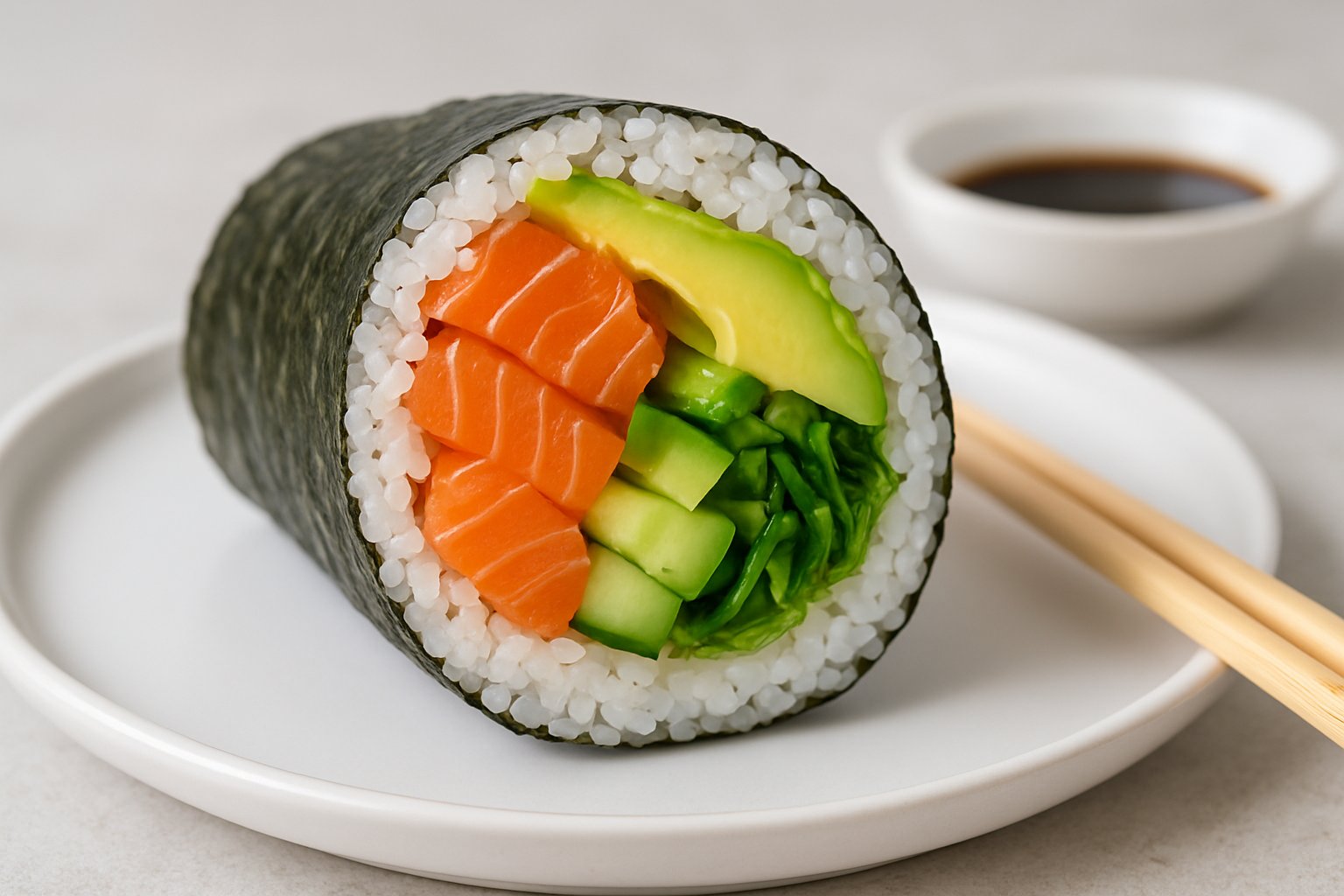 Close-up of a sushi burrito cut in half on a white plate, showing fresh salmon, avocado, cucumber, rice, and seaweed wrap.