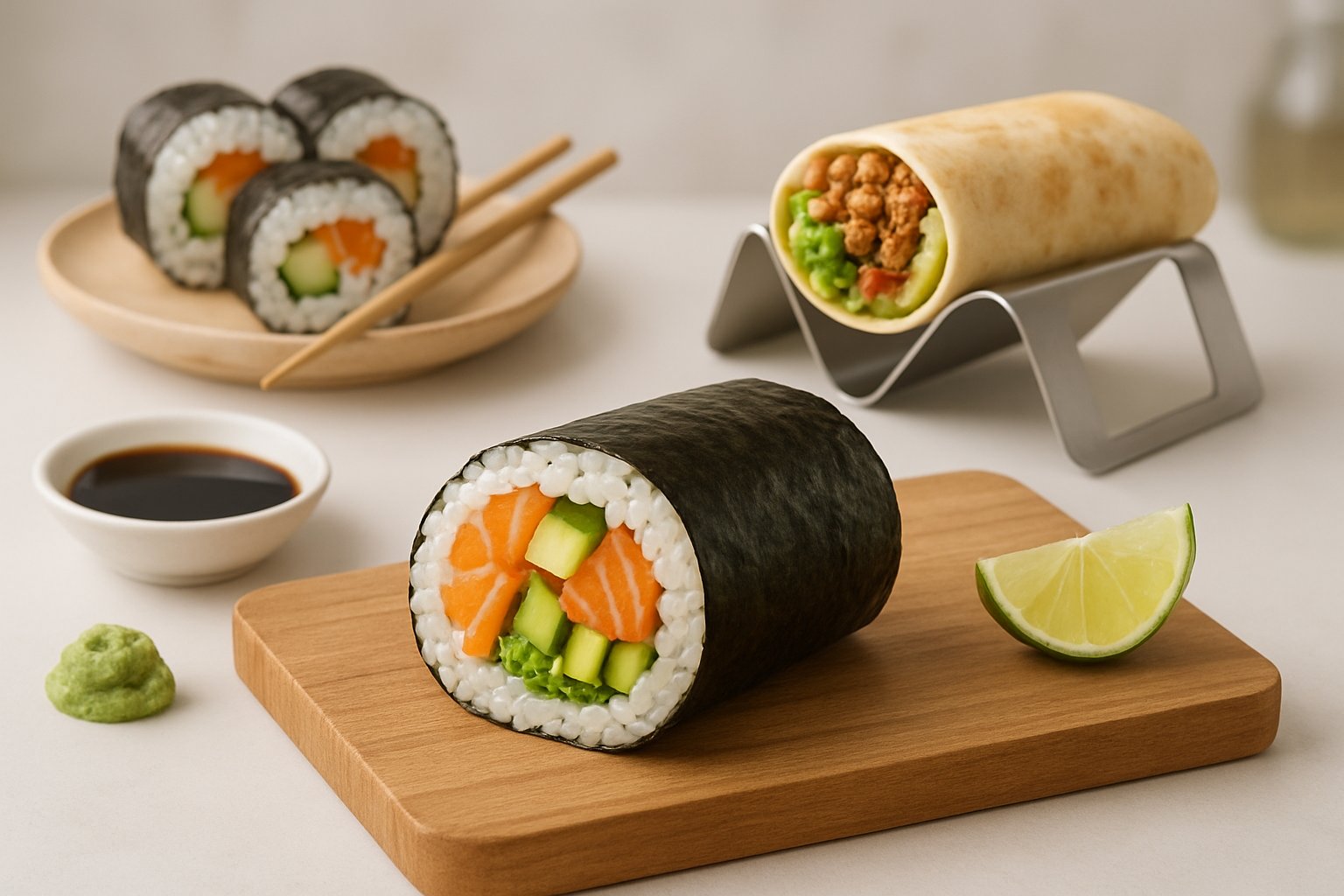 A sushi burrito on a wooden board with fresh ingredients, surrounded by elements representing traditional sushi and burritos in a kitchen setting.