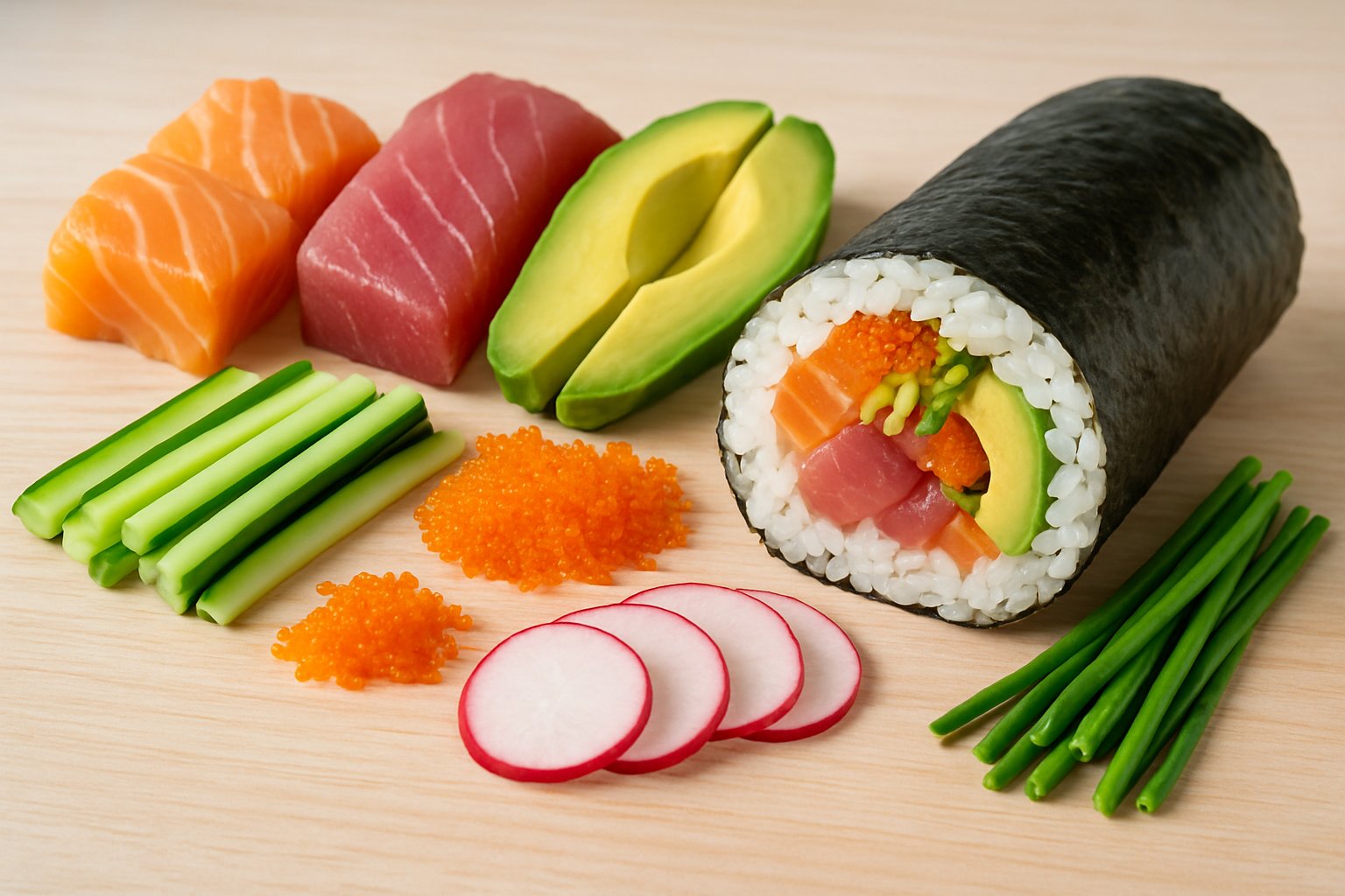 A sushi burrito partially unwrapped with fresh ingredients like salmon, tuna, avocado, cucumber, and tobiko arranged nearby on a wooden surface.