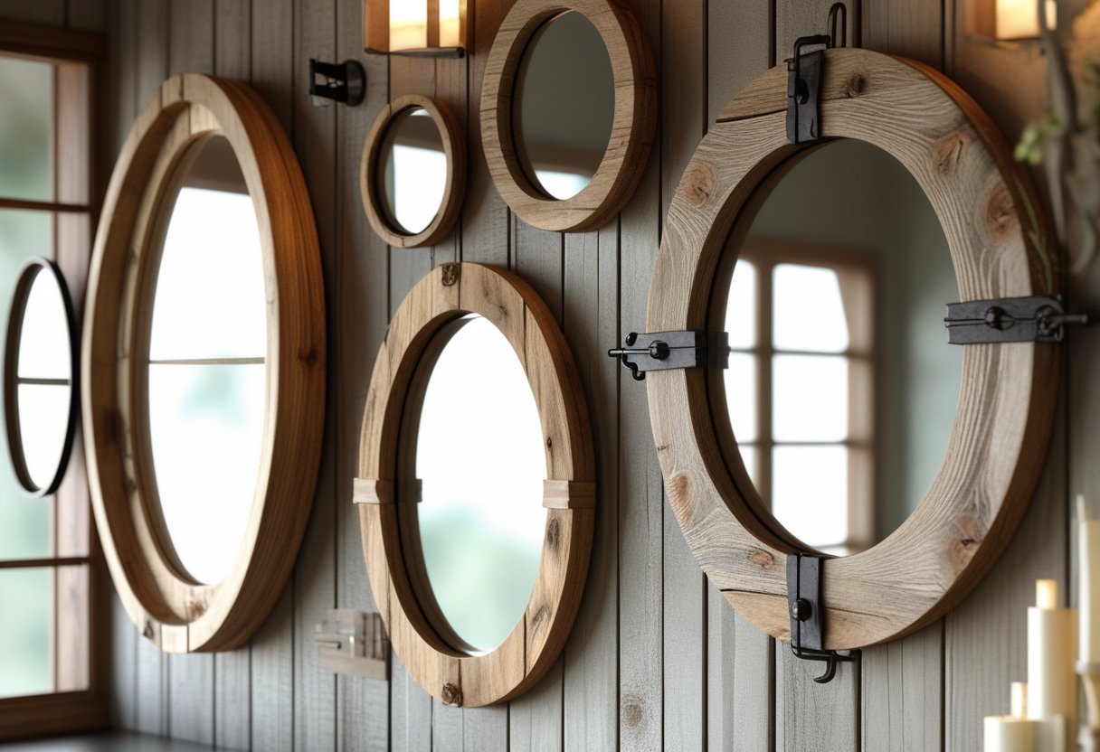 A group of rustic wooden-framed mirrors of various shapes hanging on a wooden wall.