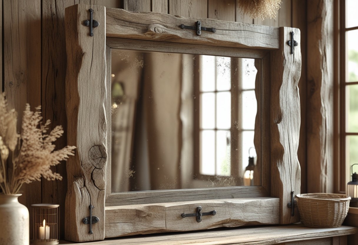 A rustic mirror with a weathered wooden frame hanging on a wooden wall surrounded by rustic decor items.