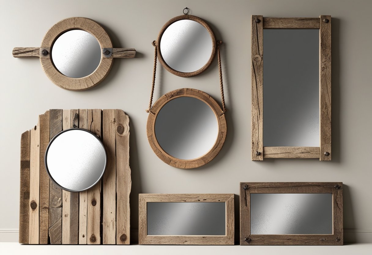 A collection of different rustic mirrors with wooden and iron frames displayed together on a plain background.