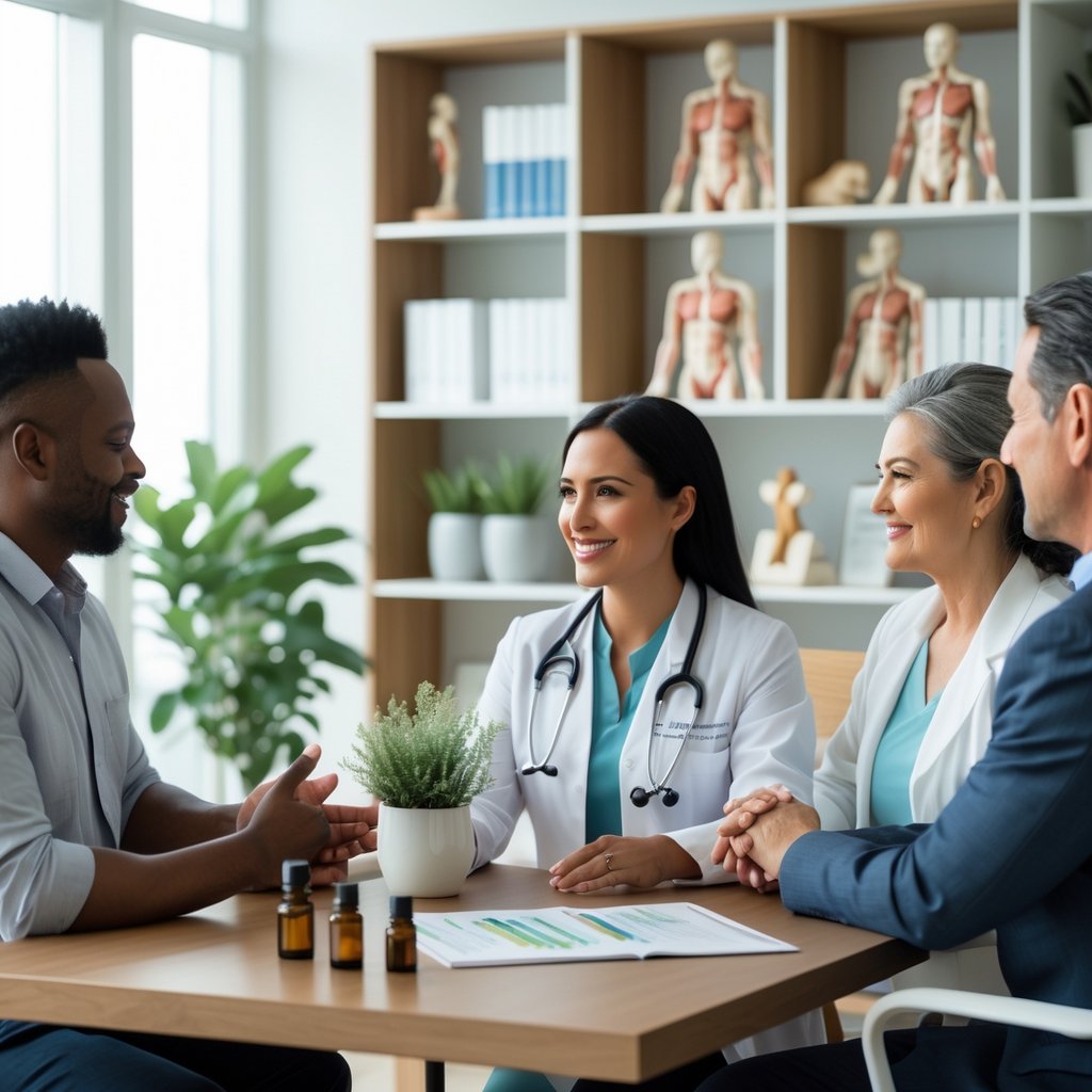 Healthcare professional discussing holistic health with clients in a bright office, surrounded by wellness items and educational materials.