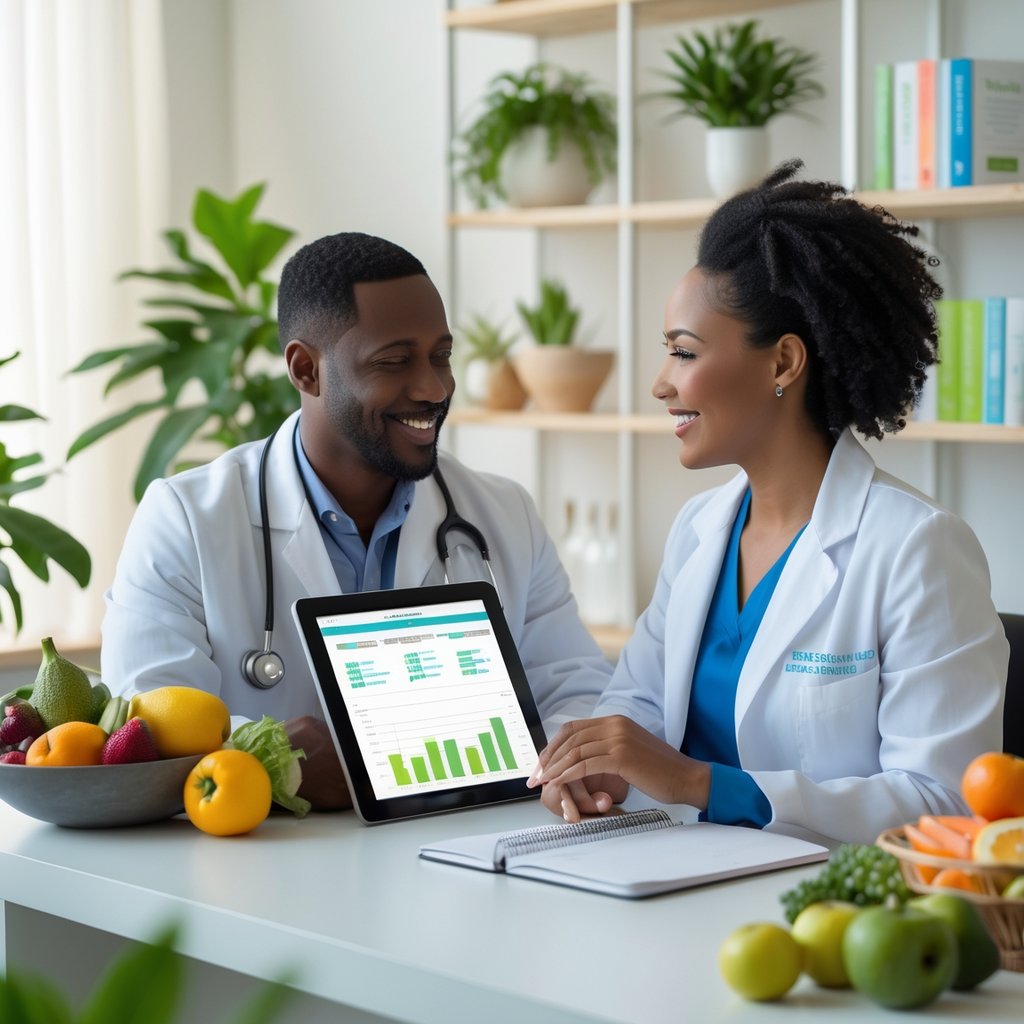 A healthcare practitioner consulting a patient in a bright clinic with fresh fruits and supplements on the desk.