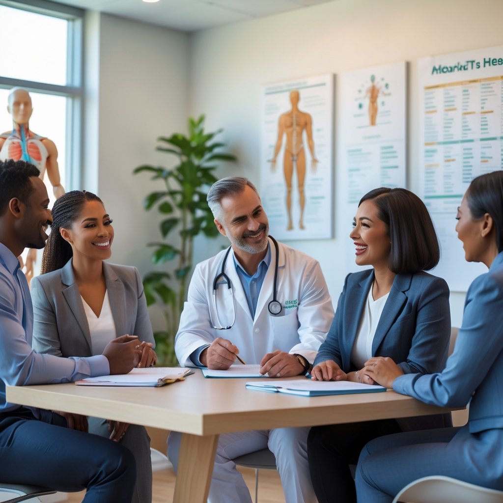 A healthcare provider and a client having a thoughtful conversation in a bright office, with wellness-related items in the background.