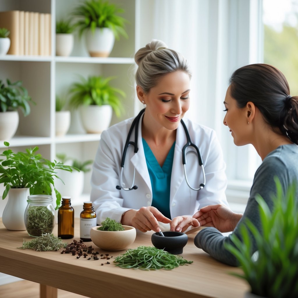 A healthcare practitioner consulting with a patient in a bright room with herbal medicines and plants on a table.