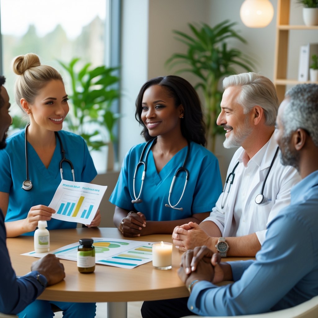 A healthcare practitioner talks with a middle-aged couple in a bright office surrounded by plants and wellness items.