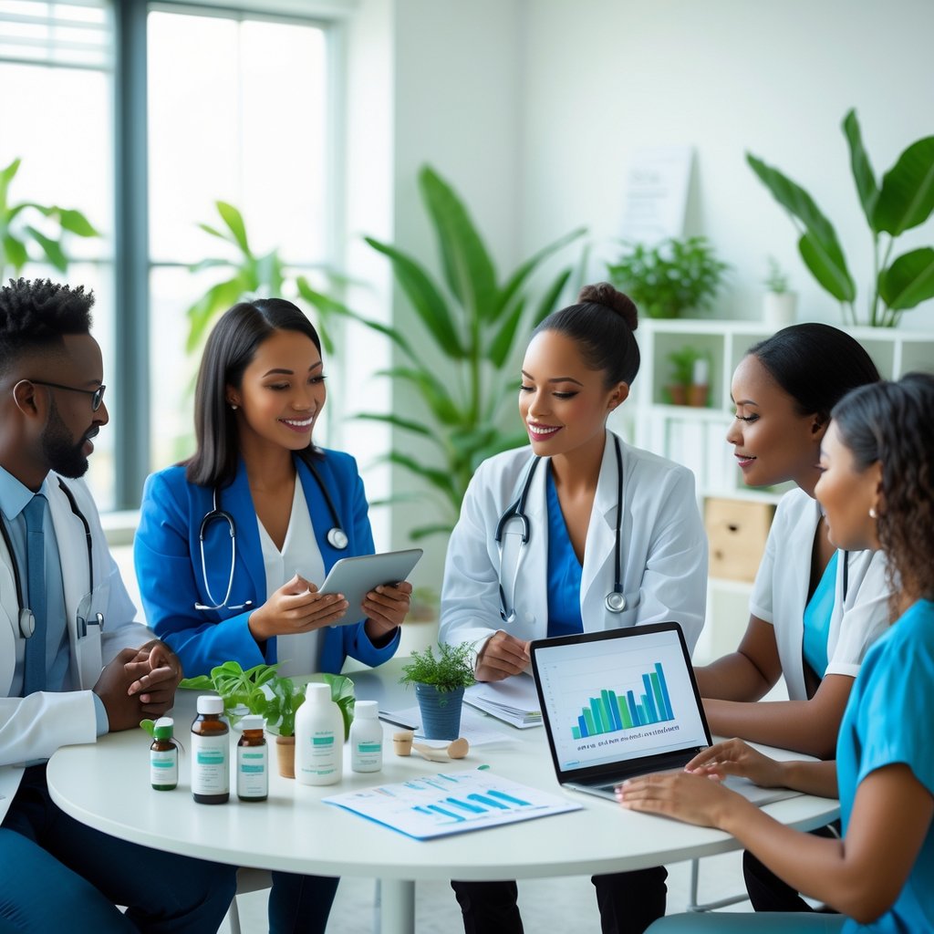 A group of healthcare professionals and clients having a discussion around a table with health products and charts in a bright office.