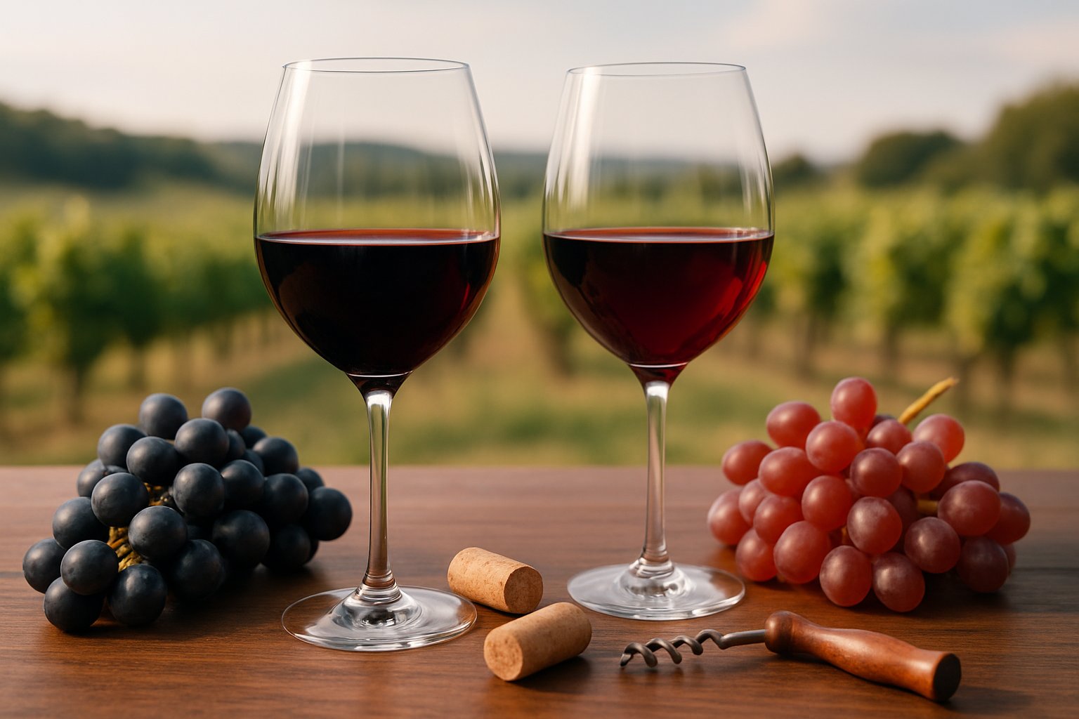 Two glasses of red wine on a wooden table with clusters of dark and lighter red grapes, corks, and a blurred vineyard in the background.