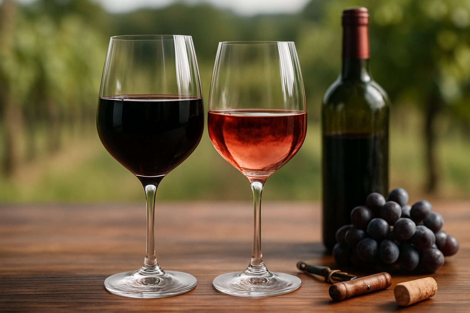 Two wine glasses on a wooden table, one with deep red wine and the other with lighter red wine, with grapes and a wine bottle in the background.