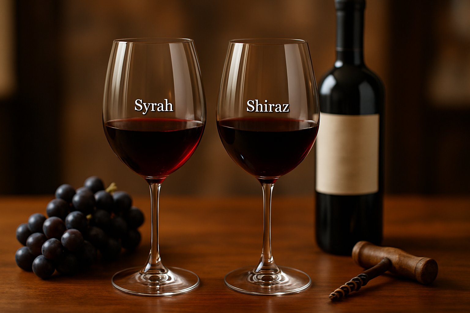 Two glasses of red wine on a wooden table with grapes and a corkscrew, representing Syrah and Shiraz wines.