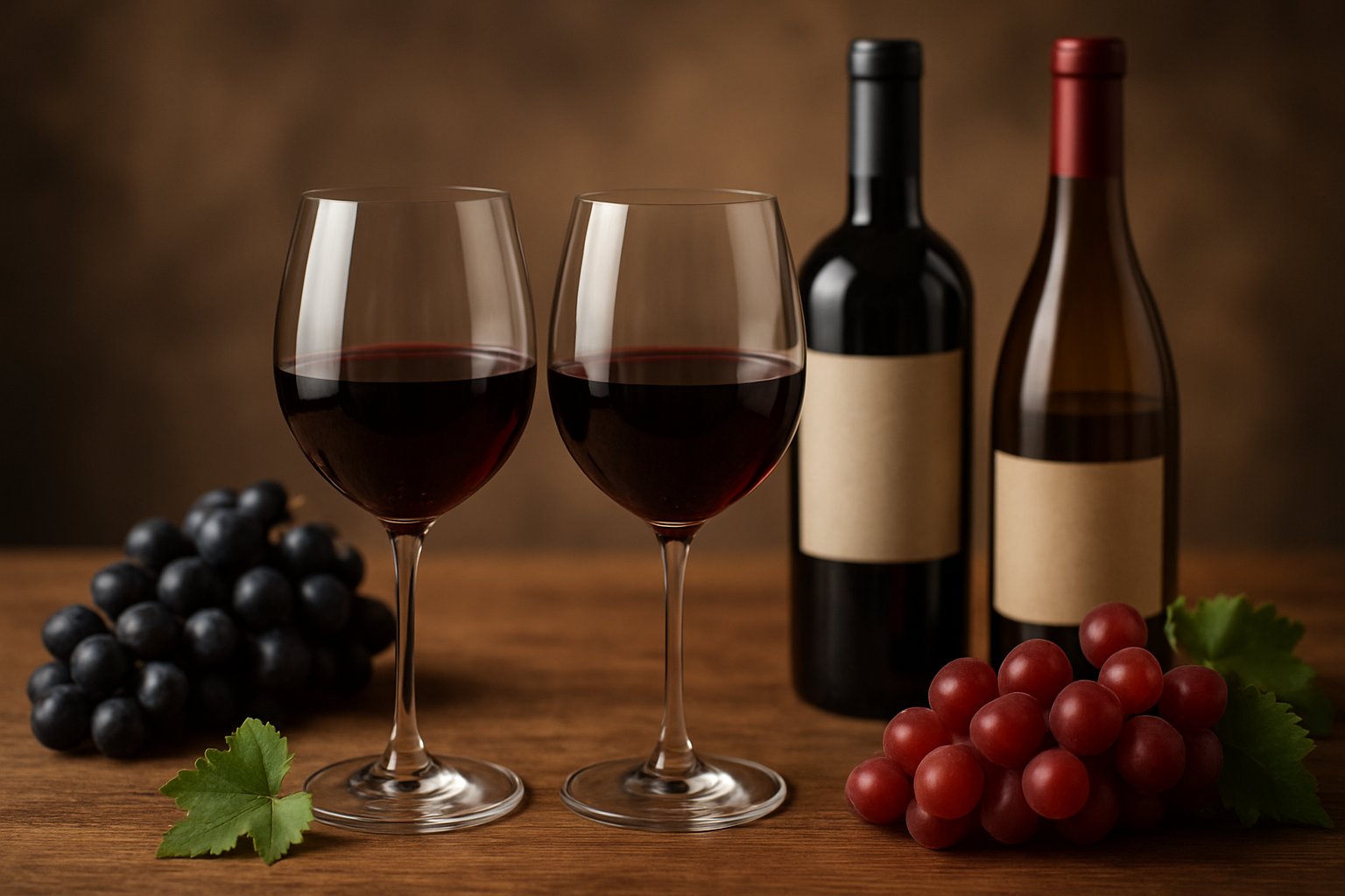 Two glasses of red wine on a wooden table with two wine bottles and bunches of grapes and vine leaves around them.