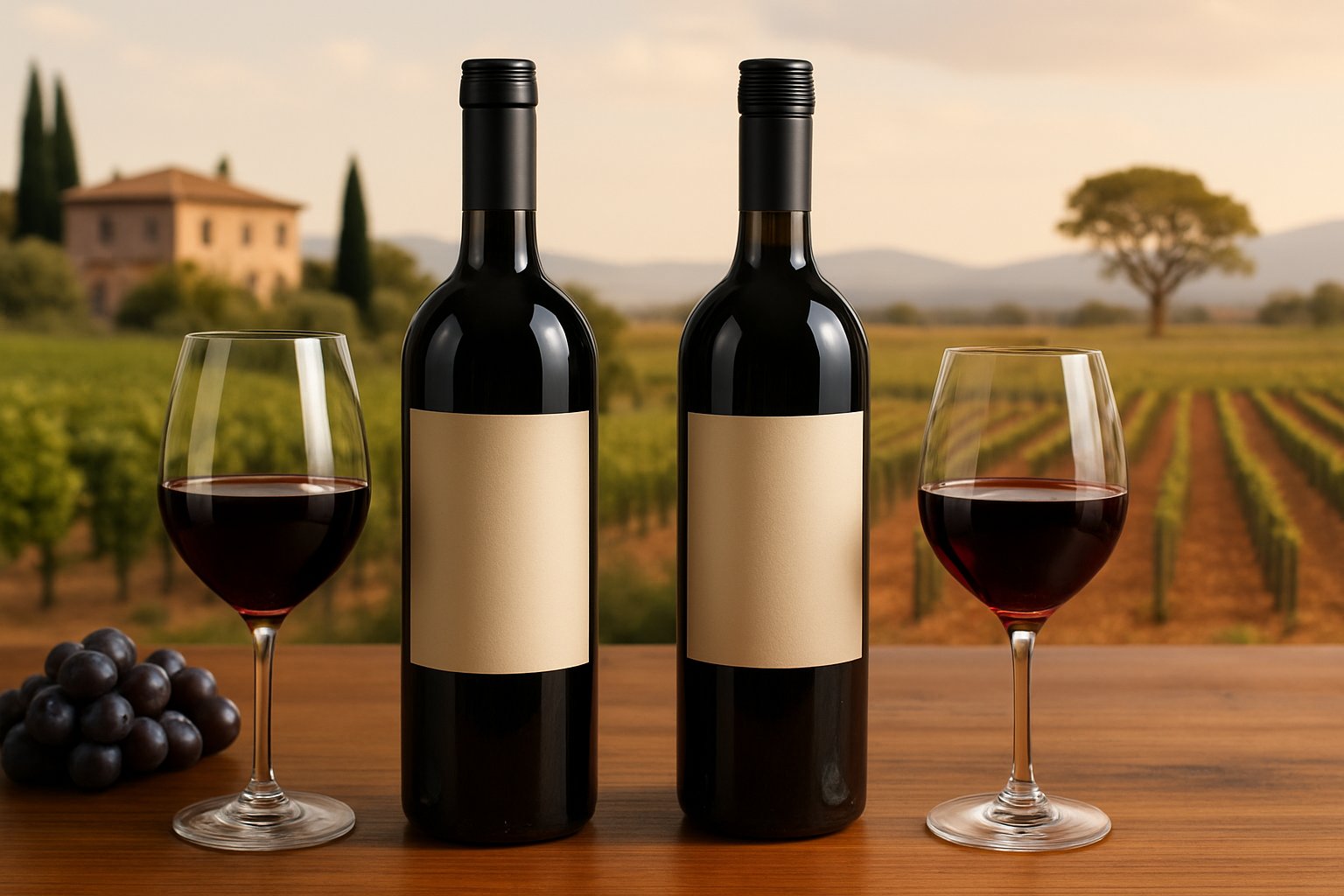 Two bottles of red wine with glasses on a wooden table, surrounded by grapes and blurred vineyard scenes representing different wine regions.