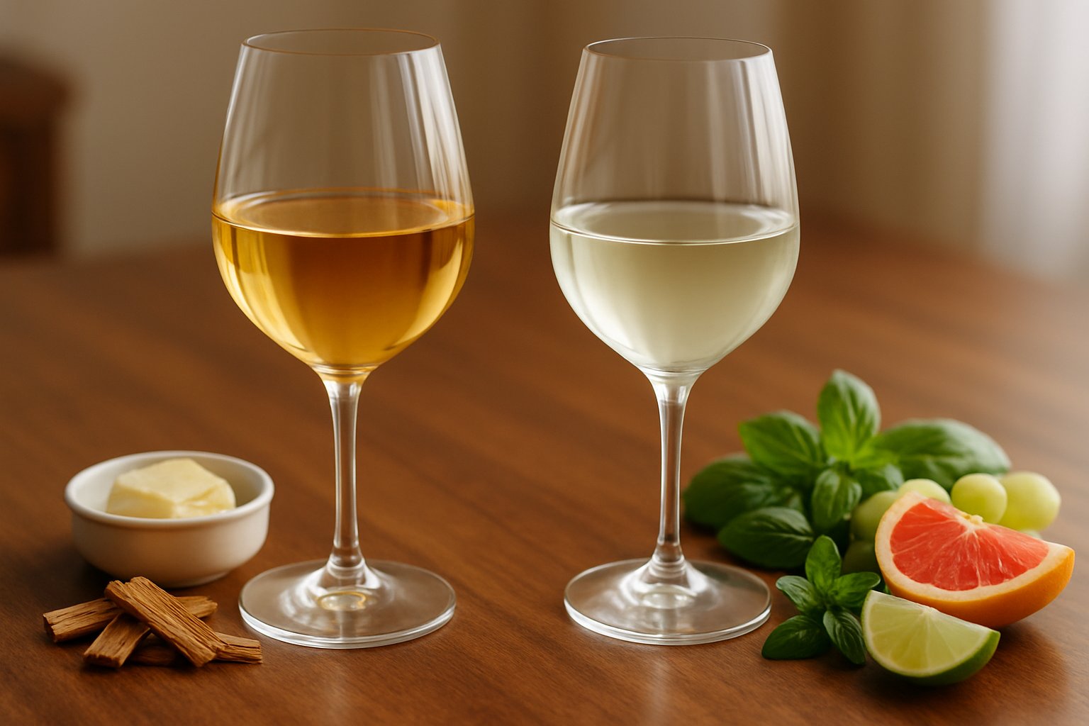 Chardonnay vs Sauvignon Blanc: What Is the Difference? 2 Two glasses of white wine on a wooden table, one pale golden and one light yellow, with fresh herbs, citrus fruits, cheese, and grapes arranged around them.