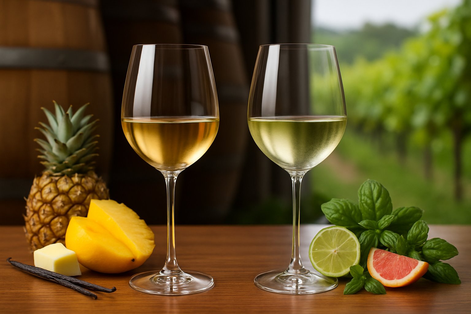 Chardonnay vs Sauvignon Blanc: What Is the Difference? 6 Two glasses of white wine on a wooden table with fresh fruits, herbs, and oak barrels around them, representing Chardonnay and Sauvignon Blanc flavours.