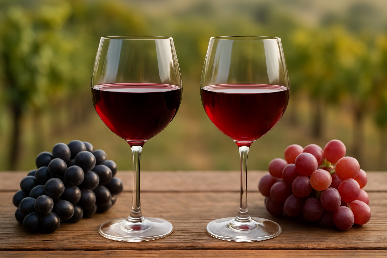Two glasses of red wine on a wooden table with clusters of dark grapes behind each glass and a vineyard in the background.