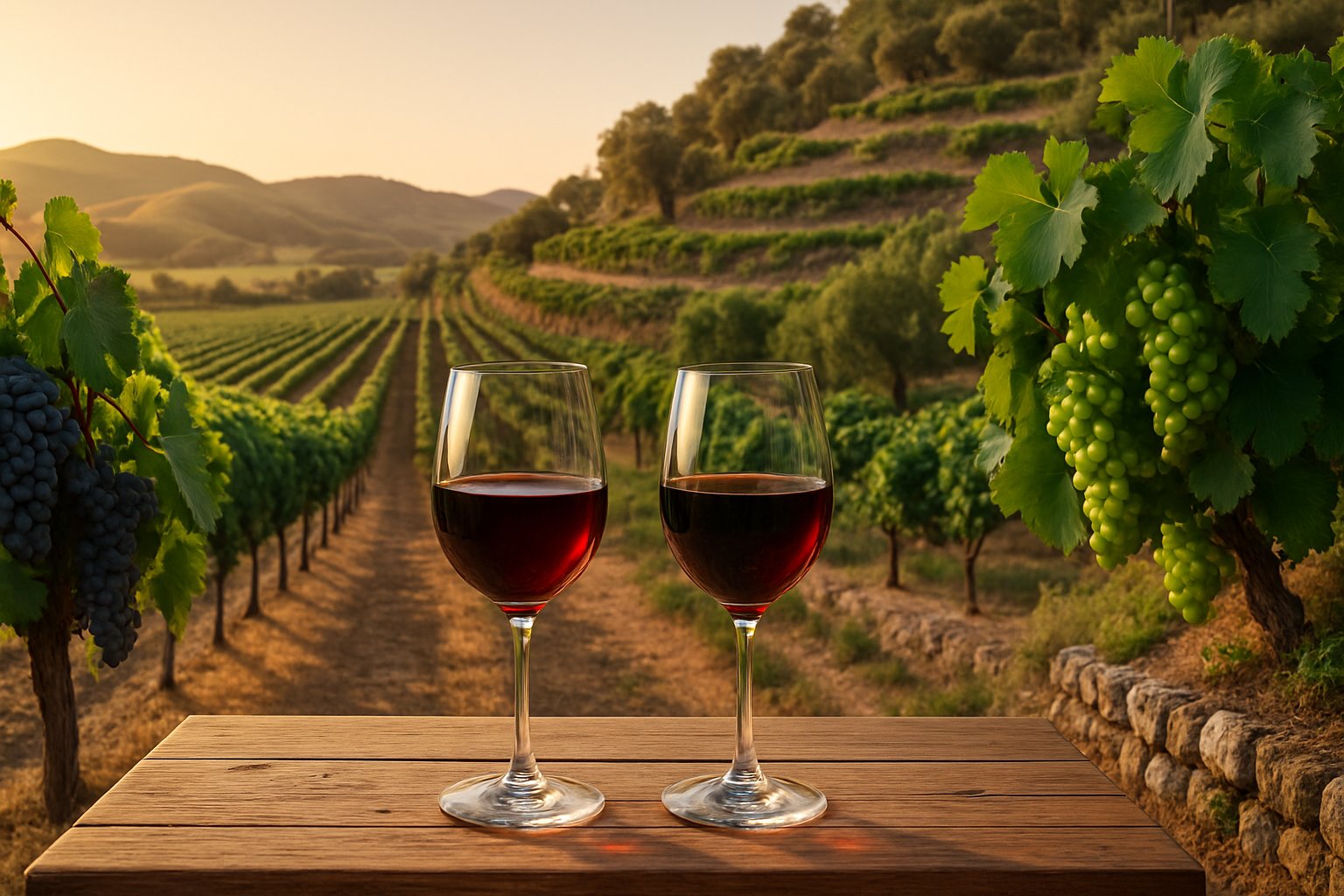 A vineyard landscape divided into two halves showing Californian Zinfandel grapes on one side and Italian Primitivo grapes on the other, with two glasses of red wine on a wooden table in the foreground.