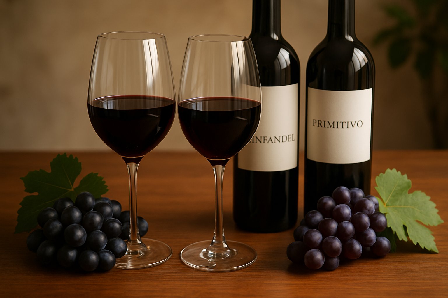 Two glasses of red wine on a wooden table with clusters of dark and lighter grapes and two wine bottles in the background.
