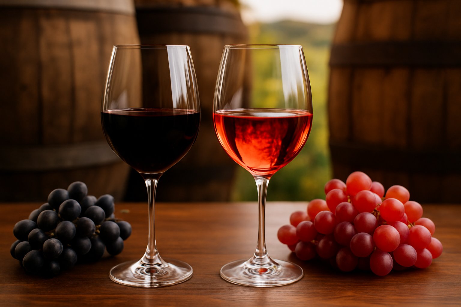 Pinot Noir vs Gamay: Burgundy's Star and Its Cheerful Cousin 2 Two wine glasses with red wine on a wooden table, surrounded by bunches of grapes and blurred vineyard scenery in the background.
