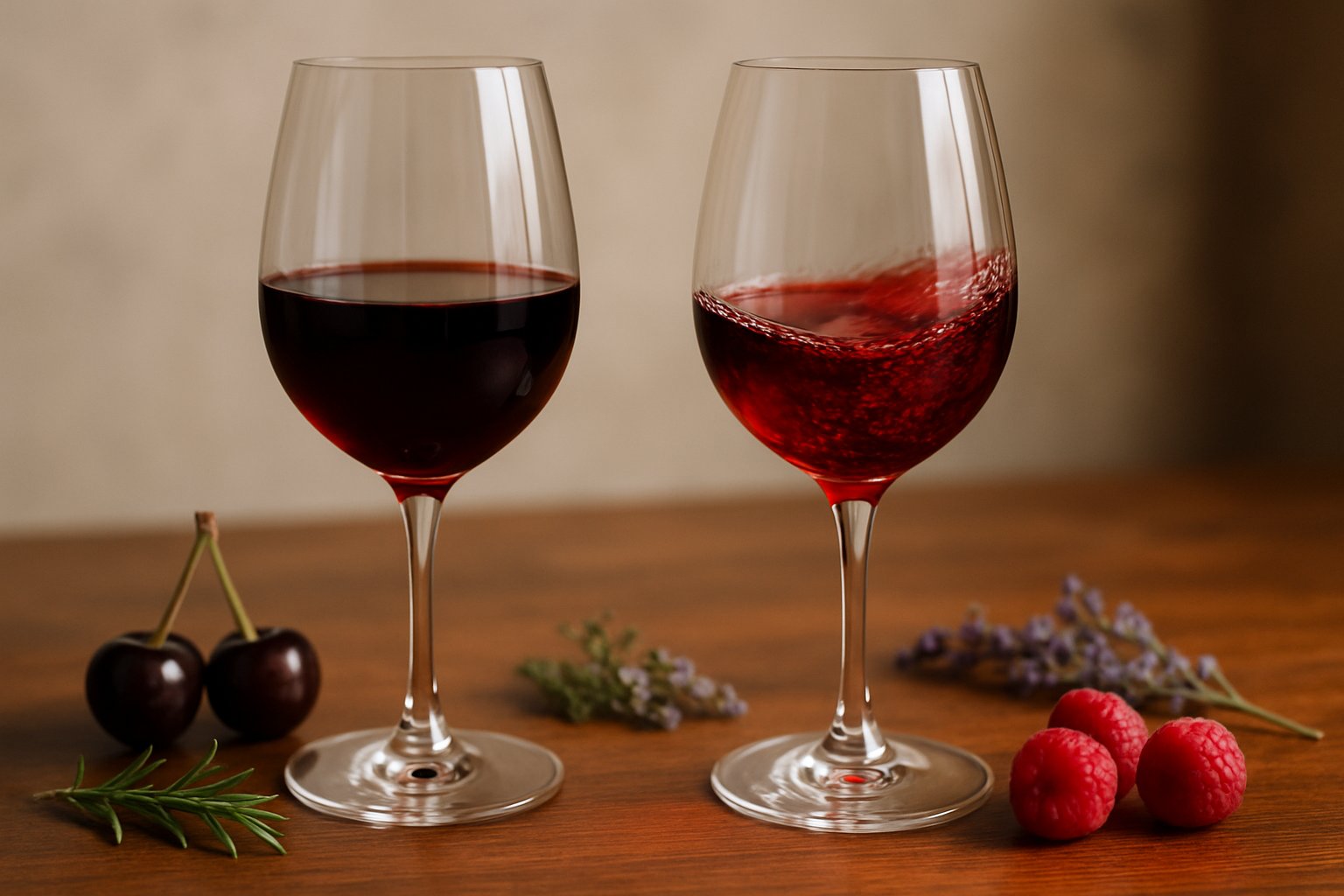 Pinot Noir vs Gamay: Burgundy's Star and Its Cheerful Cousin 3 Two glasses of red wine on a wooden table with fresh berries, herbs, and a close-up of wine swirling, representing the flavours, aromas, and textures of different wines.