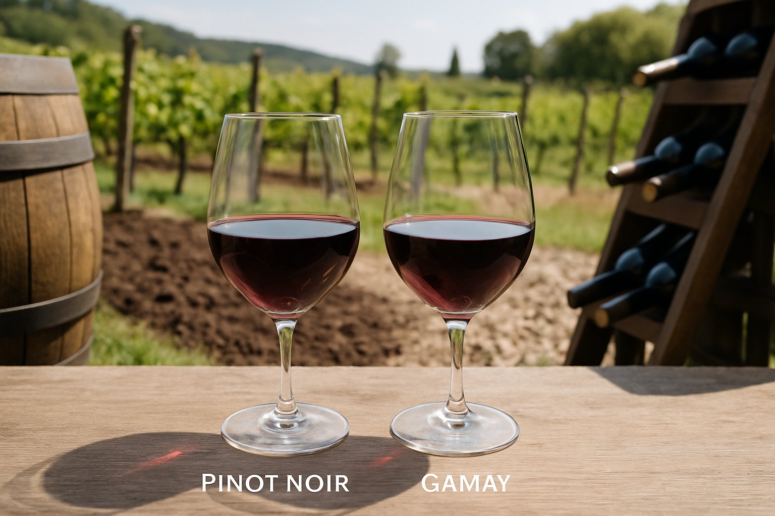 Pinot Noir vs Gamay: Burgundy's Star and Its Cheerful Cousin 6 Two glasses of red wine on a table with a vineyard and wine barrels in the background.