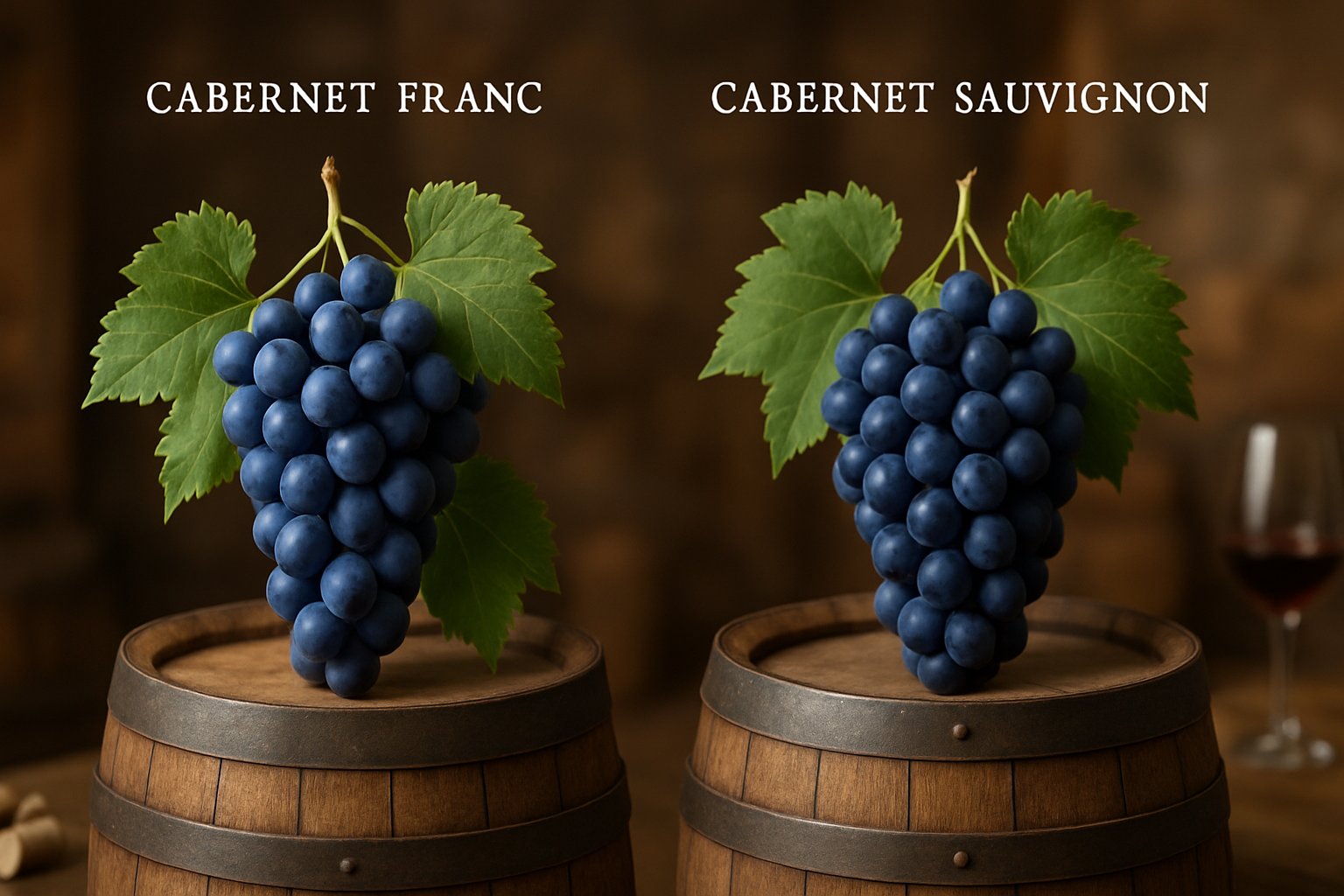 Two wooden barrels side by side, each topped with a bunch of dark grapes and green leaves, showing the differences between Cabernet Franc and Cabernet Sauvignon grapes in a winery setting.