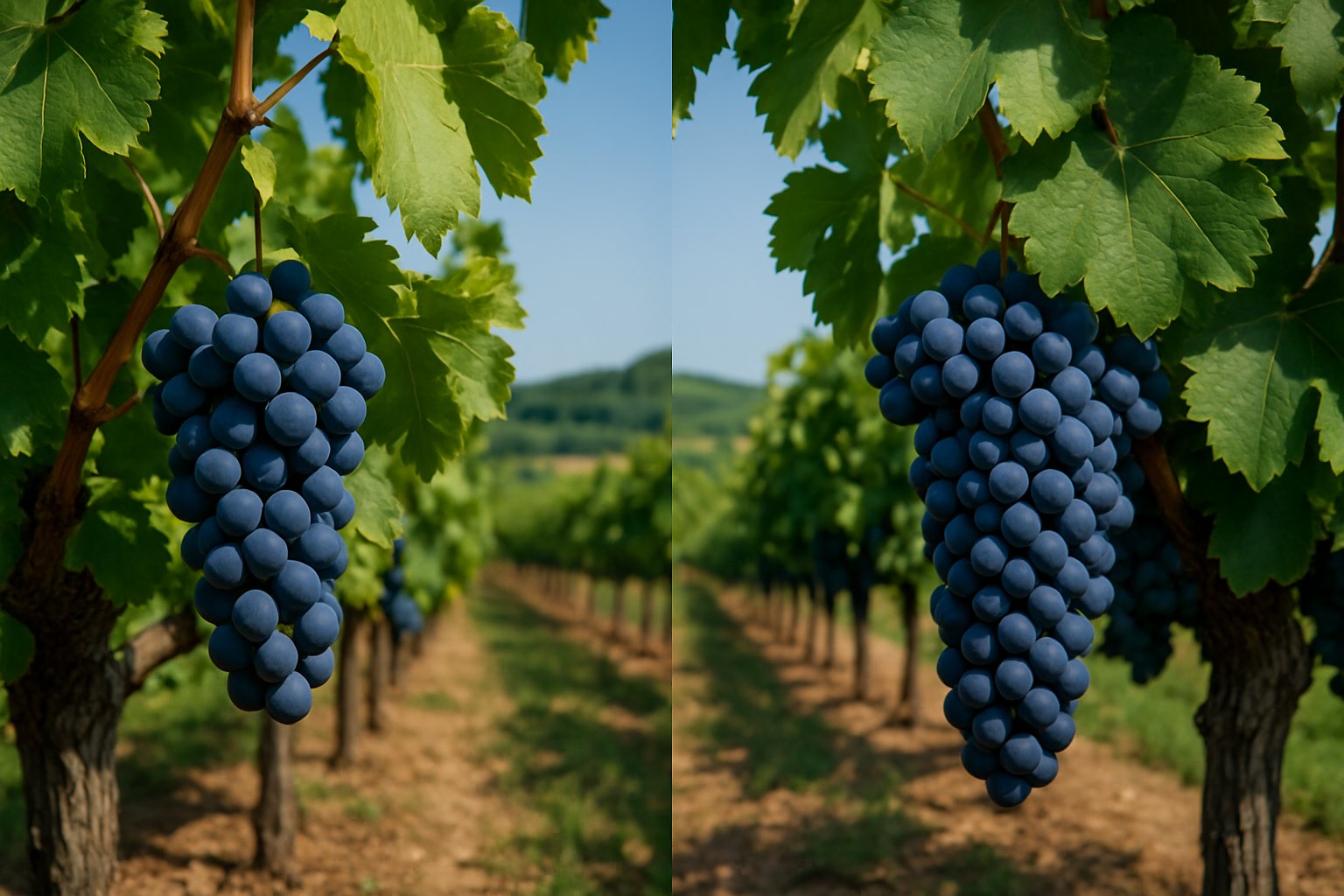 Side-by-side view of Cabernet Franc and Cabernet Sauvignon grapevines in a vineyard, showing differences in grape clusters and leaf shapes under a clear sky.