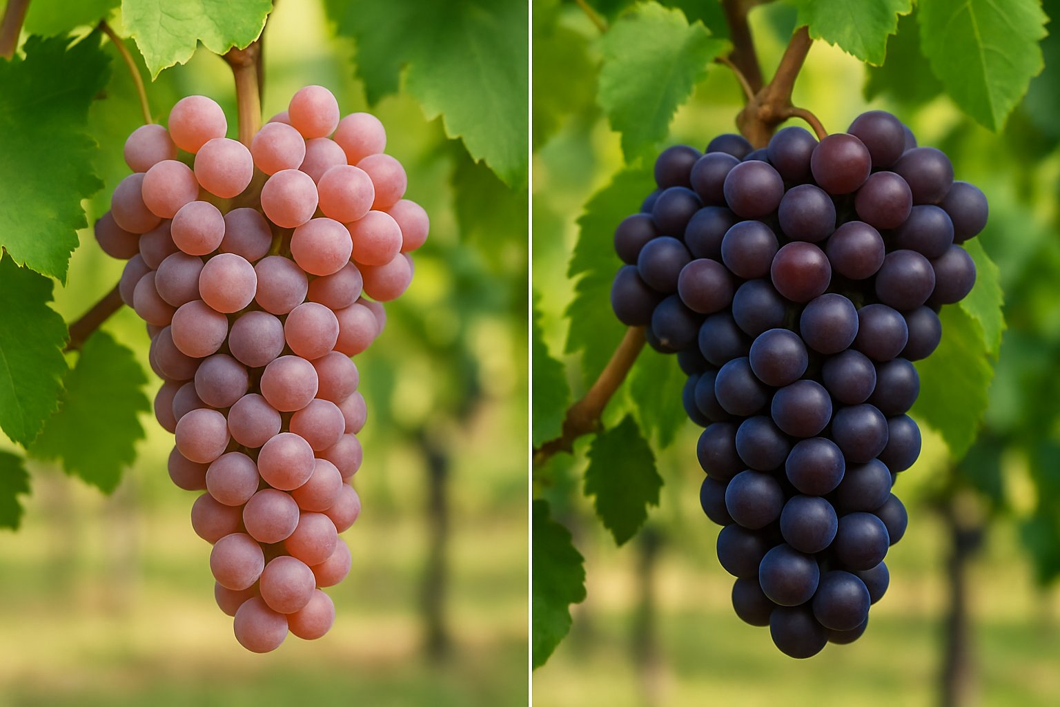 Close-up of two different grape varieties growing on vines side by side, one with lighter red grapes and the other with darker red grapes, set in a vineyard.