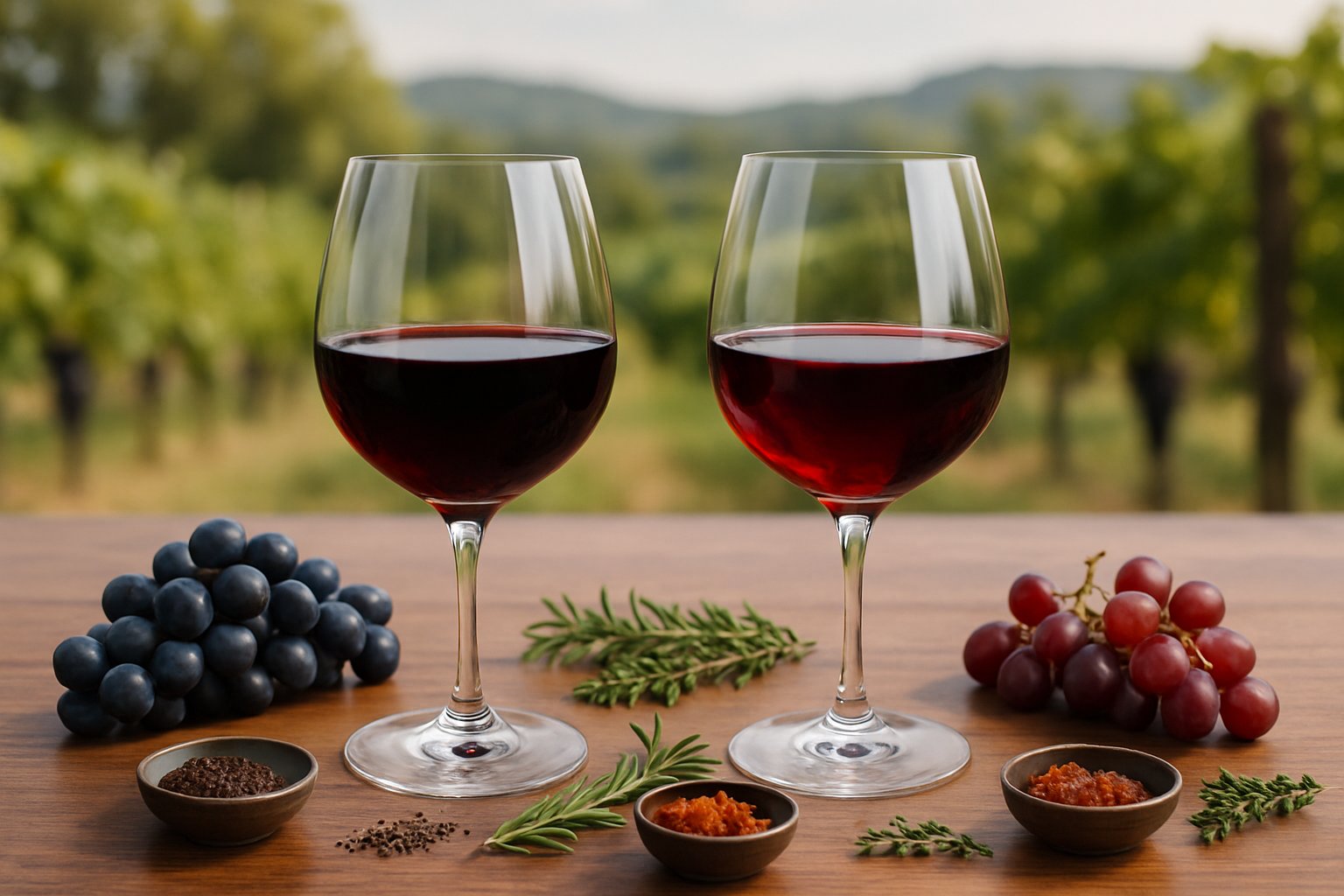 Two glasses of red wine on a wooden table surrounded by grapes, herbs, and spices with a vineyard in the background.