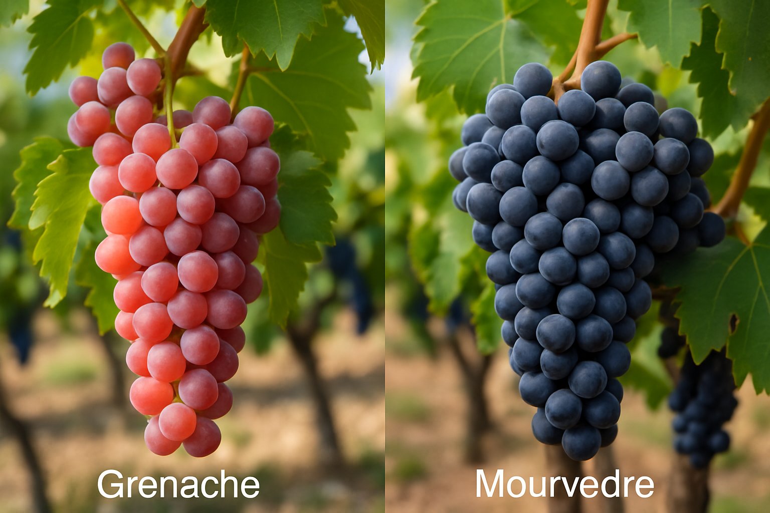 Close-up view of Grenache grapes on the left and Mourvèdre grapes on the right hanging on vines in a vineyard.
