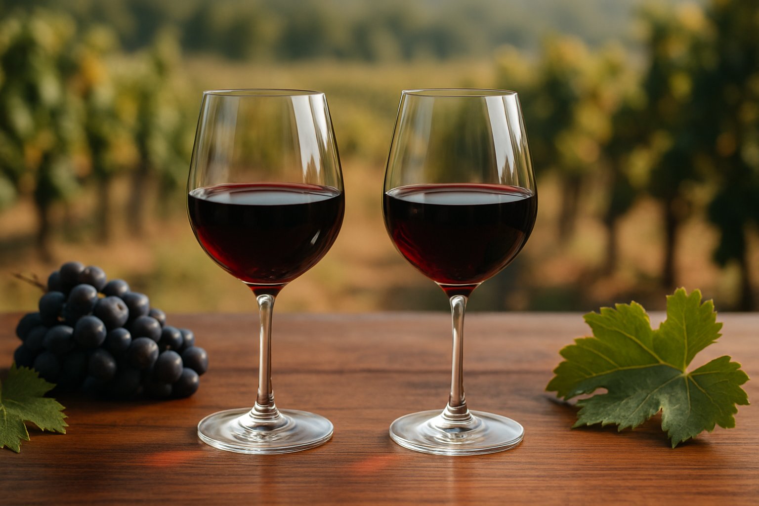 Two glasses of red wine on a wooden table with grape clusters and vine leaves, set against a blurred vineyard background.