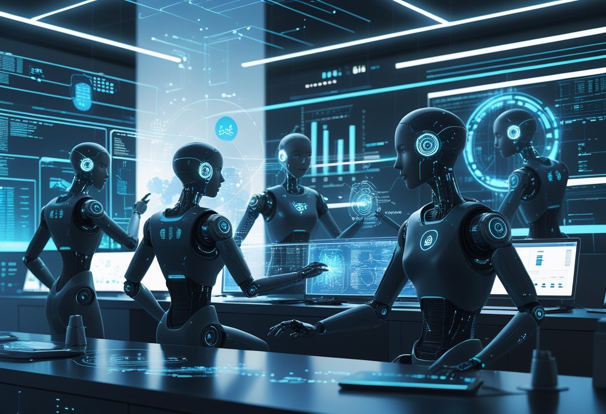 Varias figuras robóticas y avatares digitales trabajando en un centro de control futurista con pantallas holográficas y gráficos de datos.