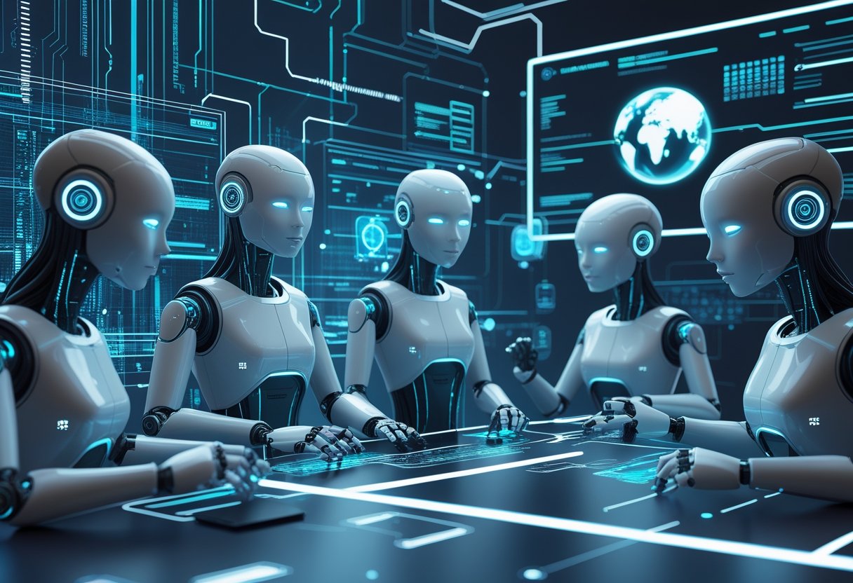 Varias figuras robóticas y avatares digitales interactuando en un entorno tecnológico con hologramas y redes conectadas.