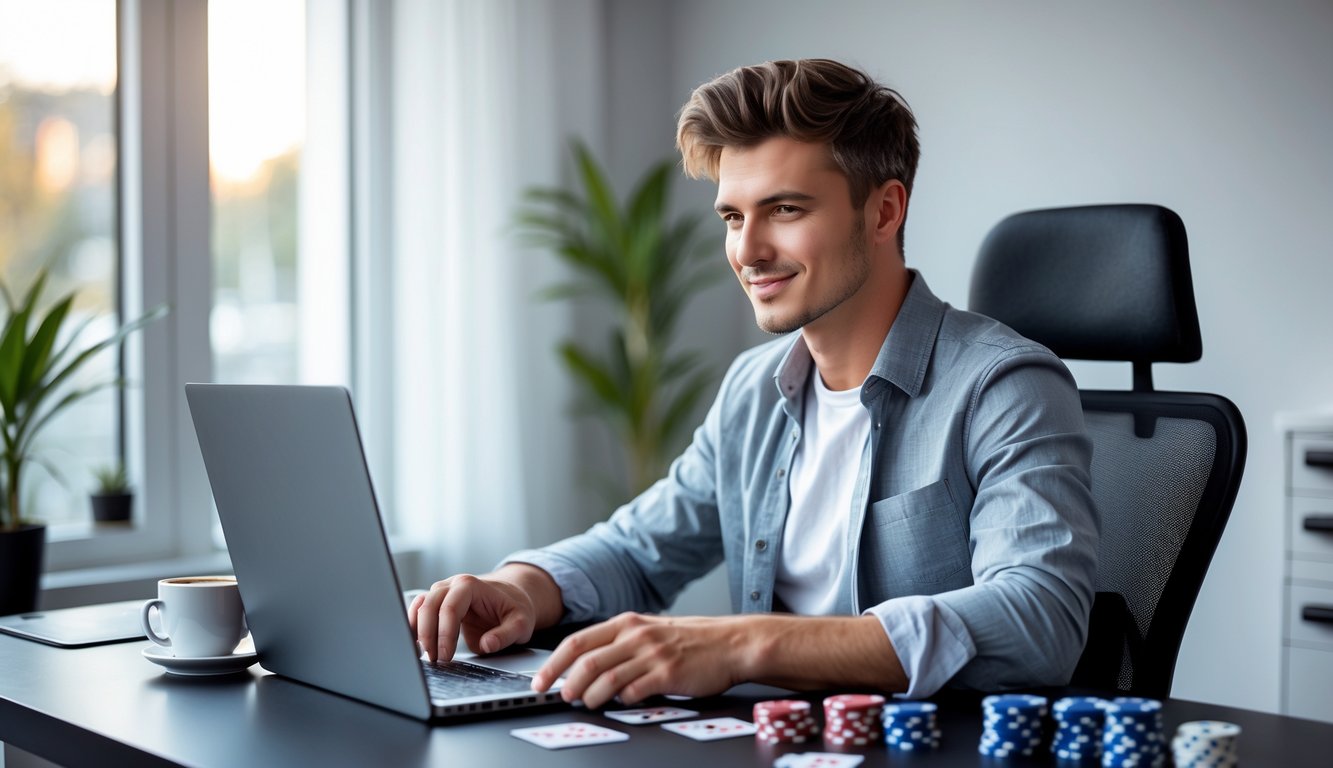 Seorang dewasa muda duduk di meja dengan laptop bermain poker online, tampak fokus dan santai di ruang kerja rumah yang rapi.