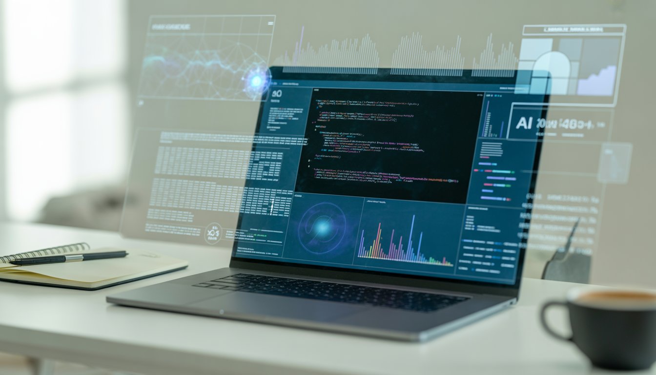 A laptop on a desk displaying AI software with data visualizations and code, surrounded by office items in a clean workspace.
