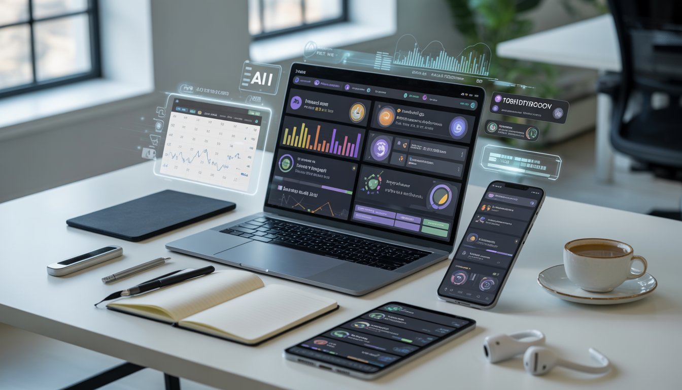 A modern workspace with a laptop, smartphone, and tablet displaying AI-related visuals, surrounded by office supplies on a clean desk.