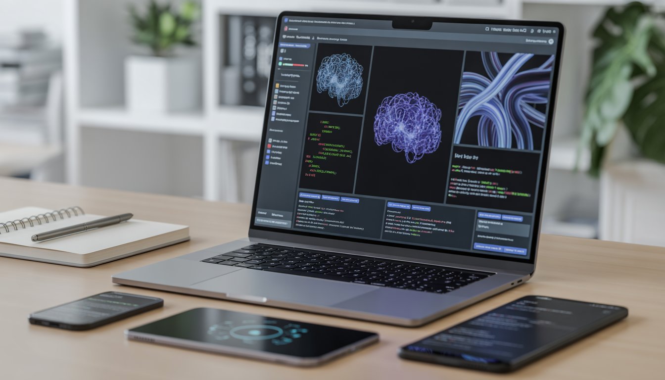 A modern workspace with a laptop, smartphone, and tablet showing AI software interfaces on their screens, set in a bright office environment.