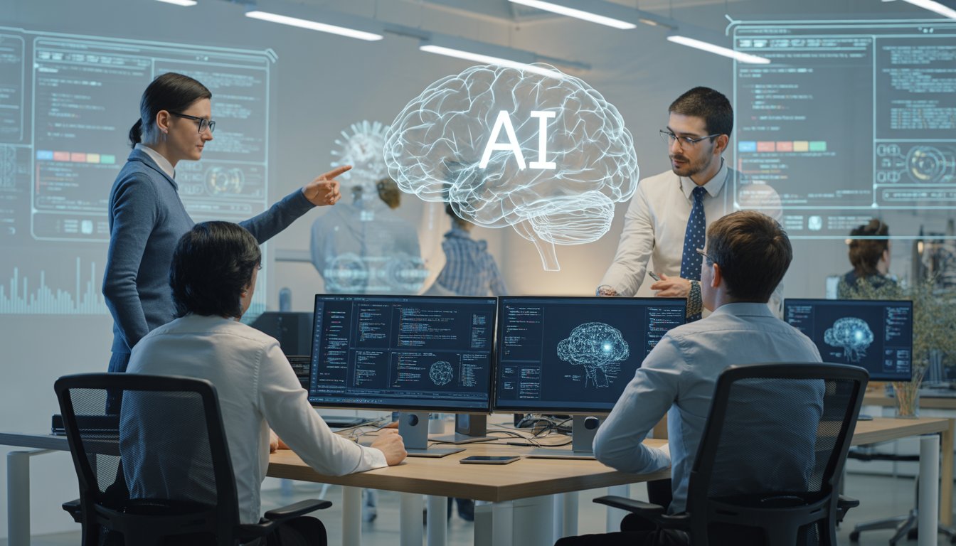 A team of software developers working together with computer screens showing code and AI diagrams, with a holographic AI brain projection above the desk.