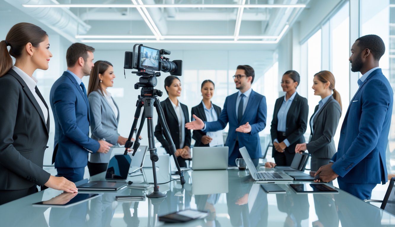A group of business professionals collaborating around a table with video equipment in a modern office.