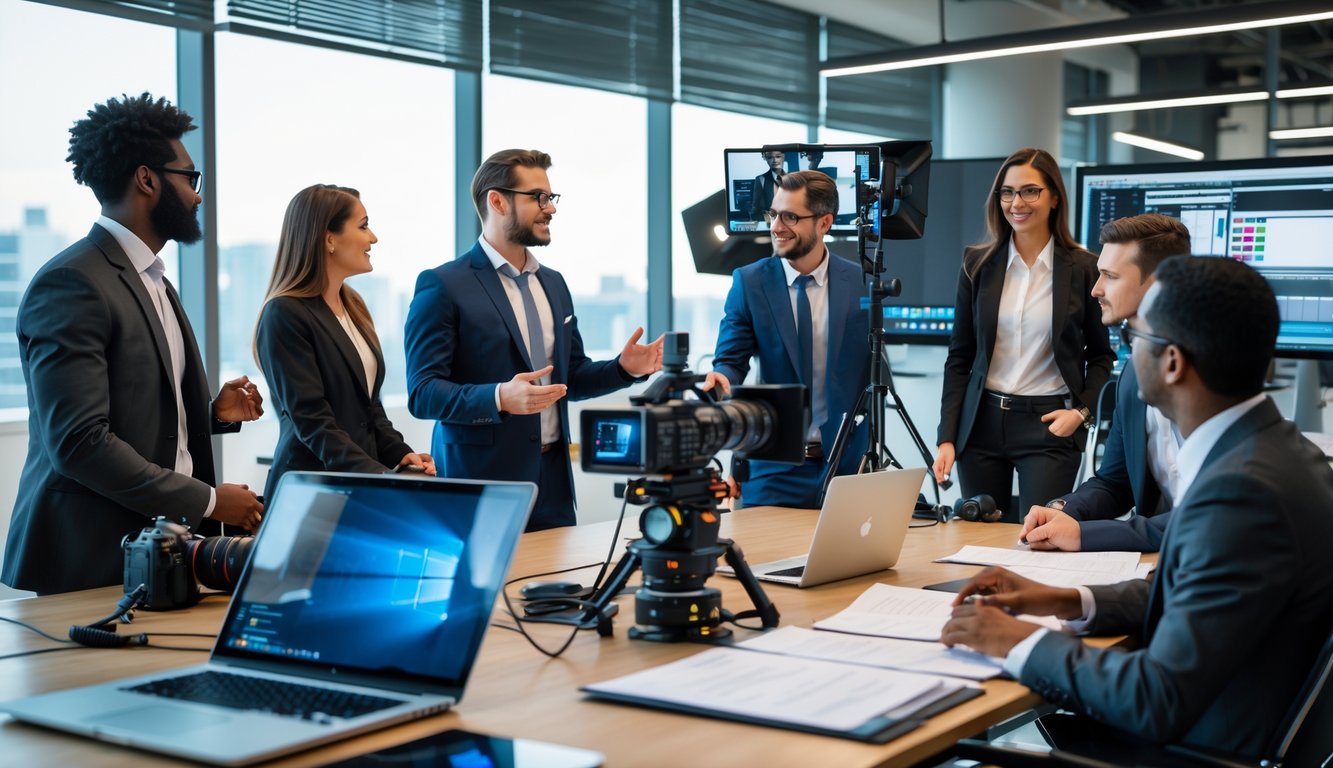 A group of business professionals collaborating in an office with video cameras and laptops, preparing to create a corporate video.