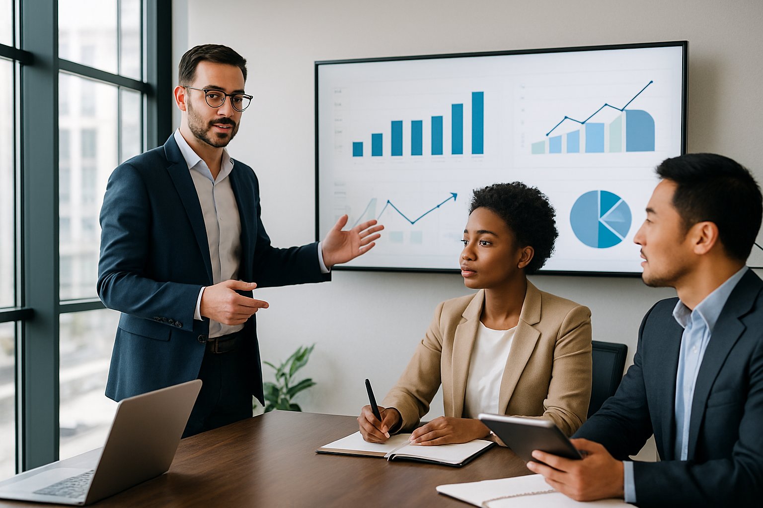 Three professionals discussing data around a conference table in a bright office.