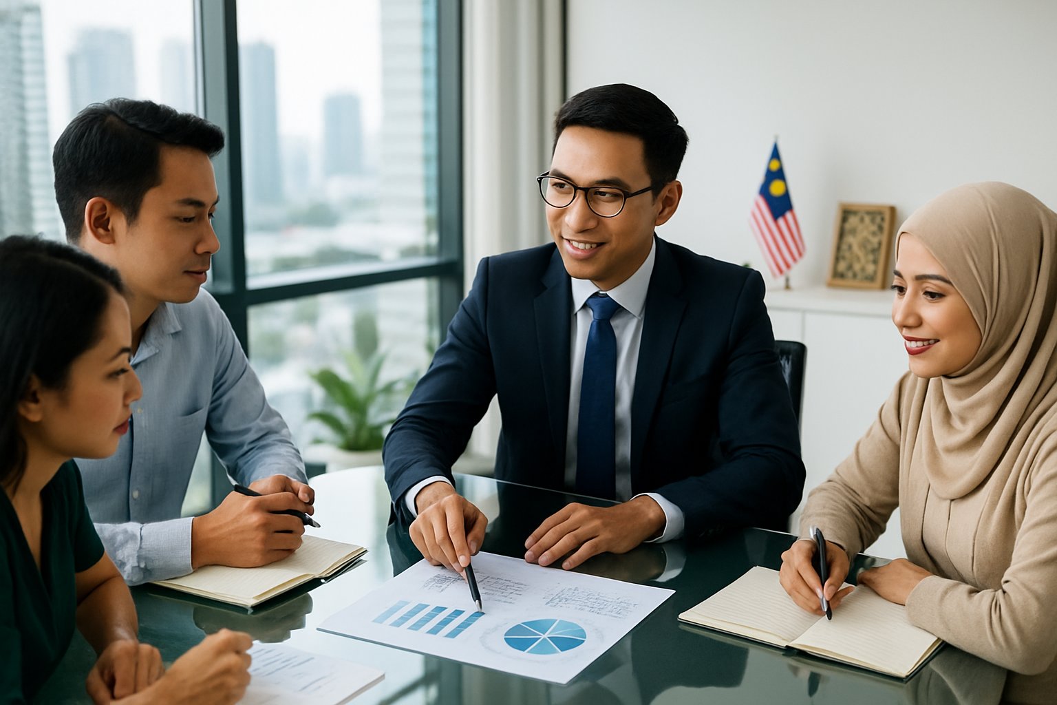 A loan advisor in a modern office discussing financial documents with clients around a glass table.