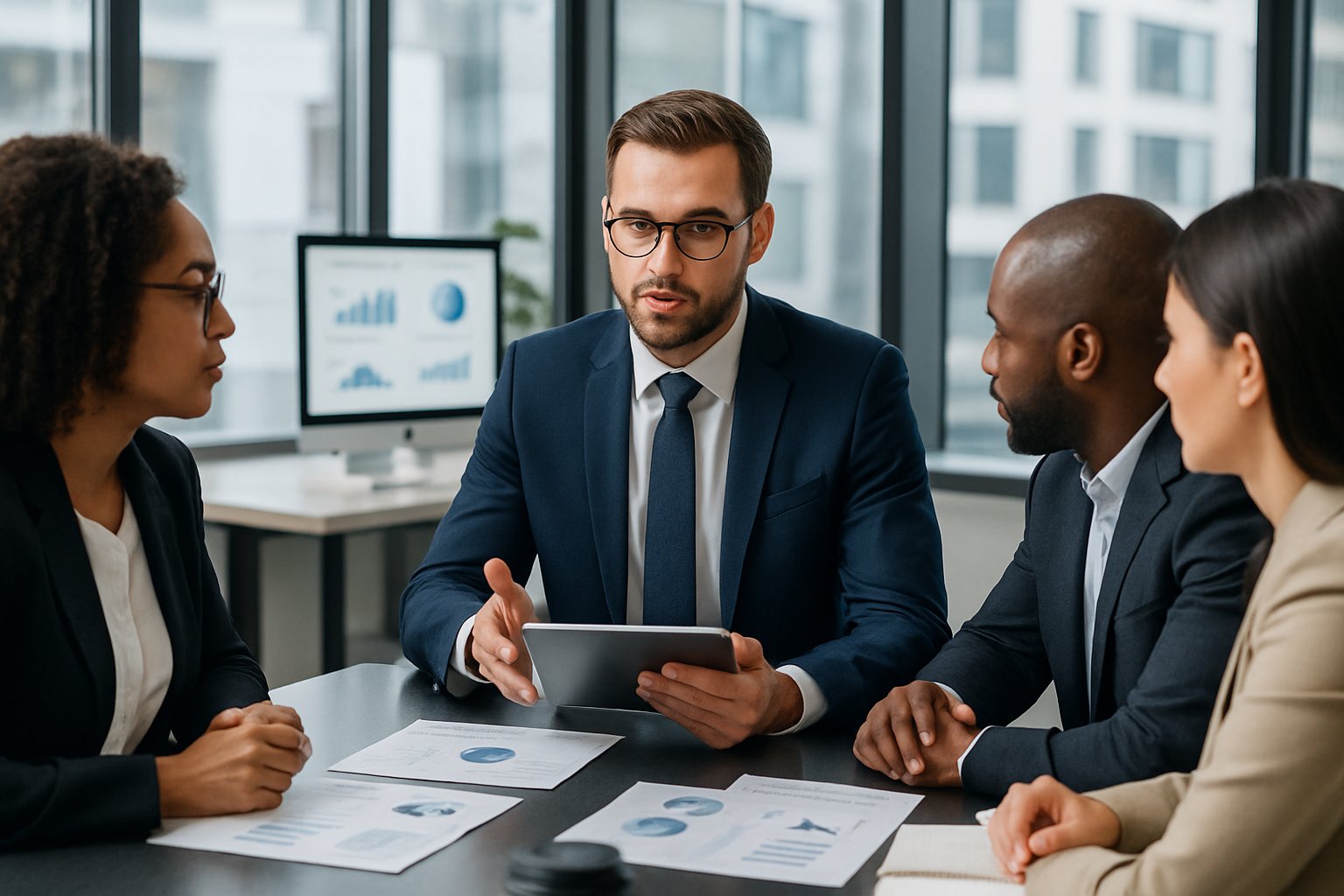 A financial advisor discusses bank loan options with clients around a conference table in a bright office.