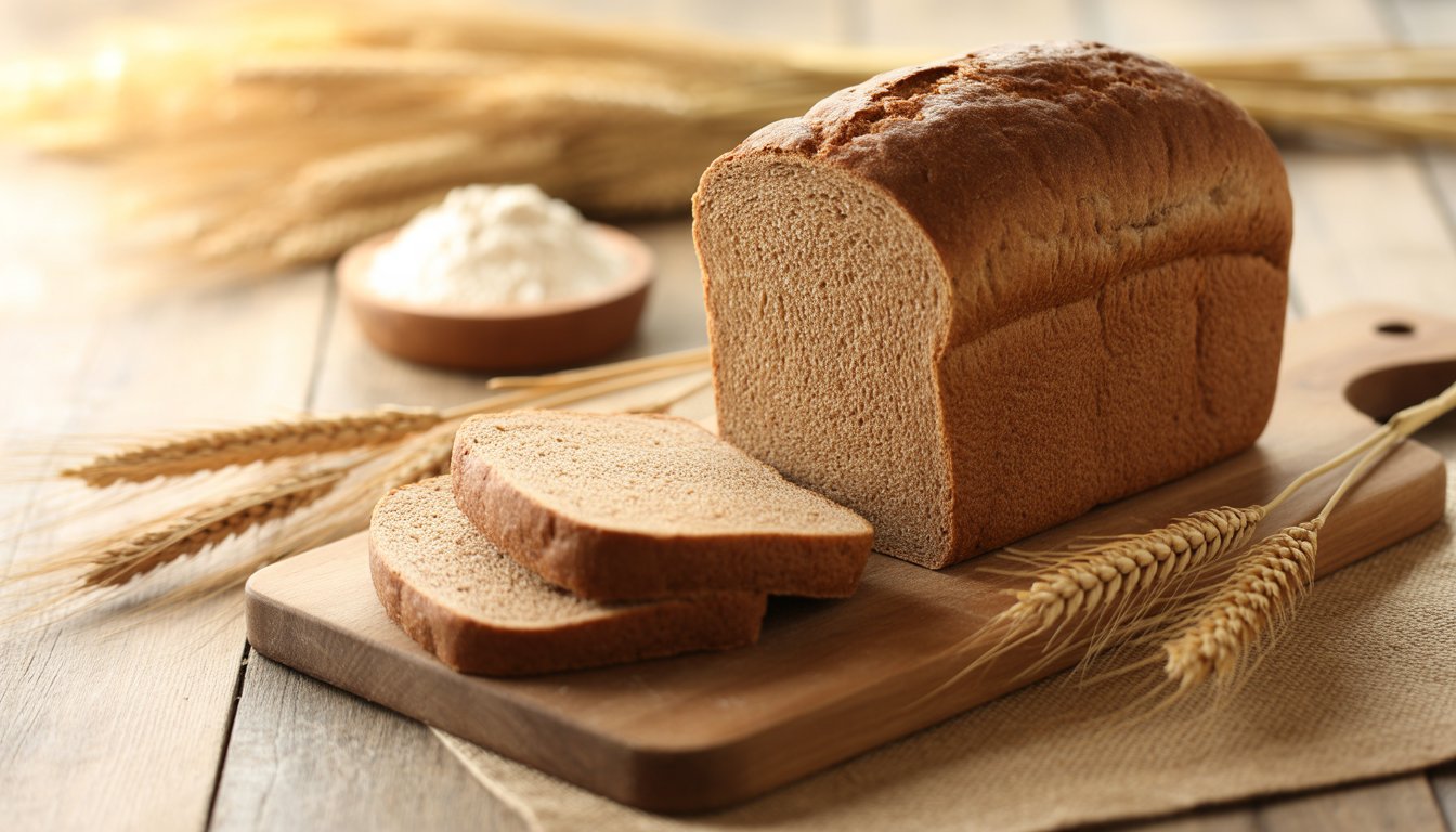Sliced brown bread on a wooden cutting board with wheat stalks and flour on a wooden table.
