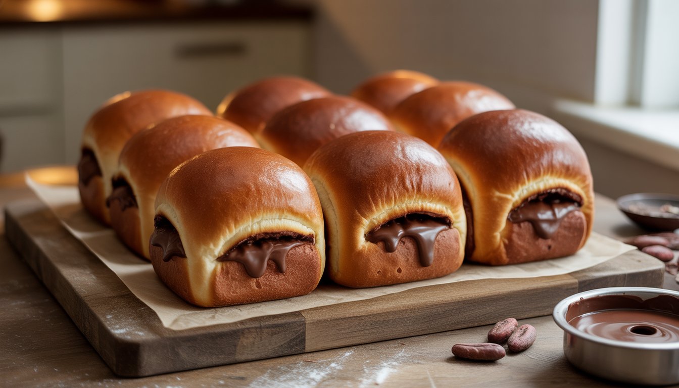 Freshly baked soft chocolate buns on a wooden cutting board with melted chocolate inside, set on a kitchen countertop.